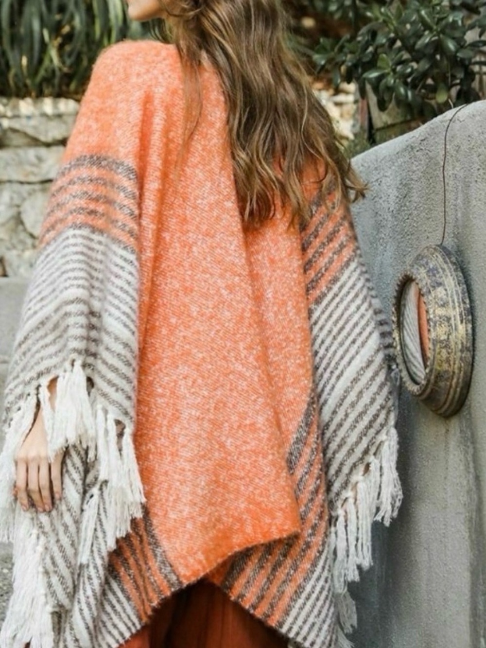 Raj Ana Orange Faux Mohair Striped Border Tassel Ruana Poncho
